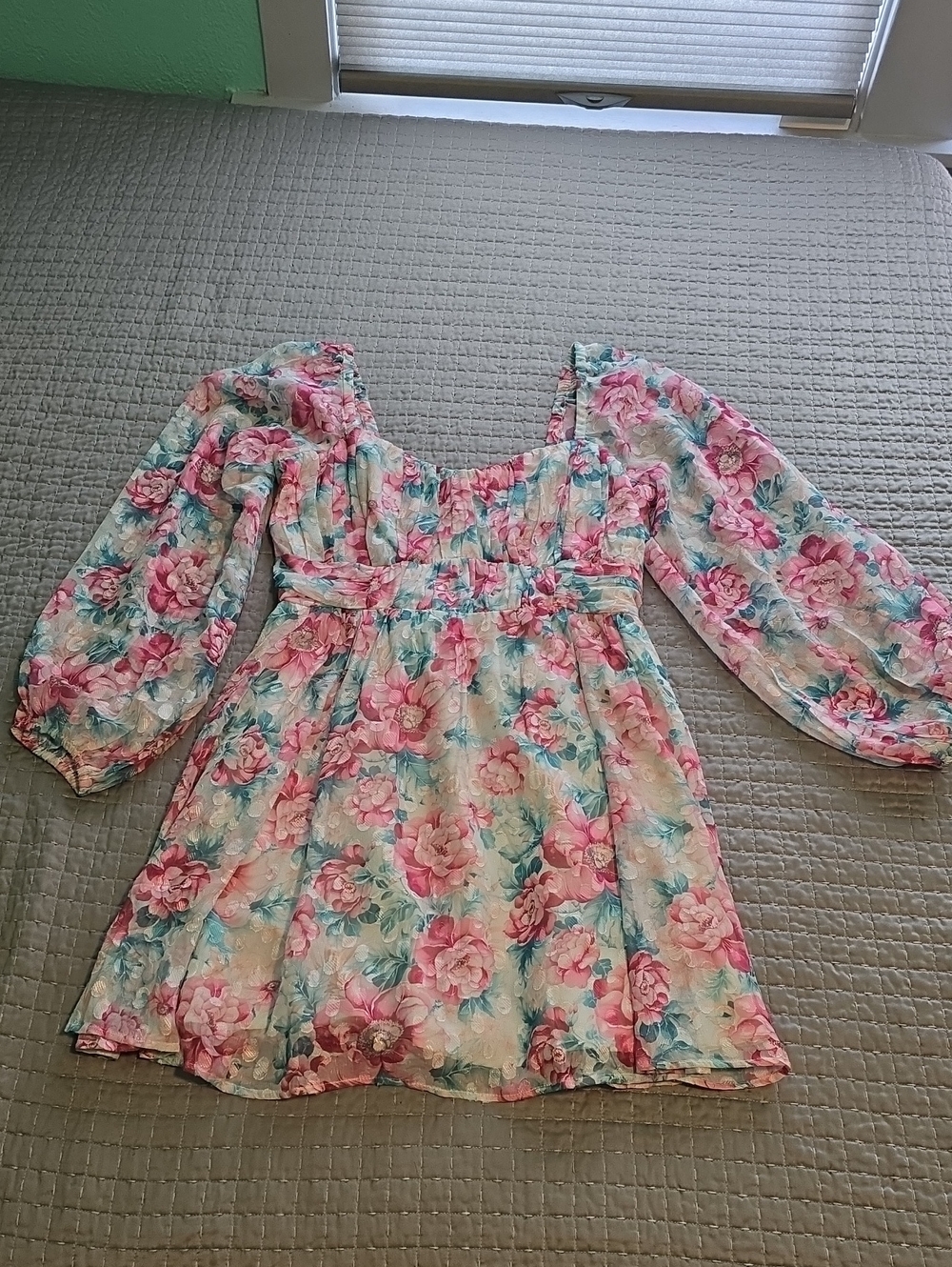 Floral Pink and Teal Smocked Waist Dress